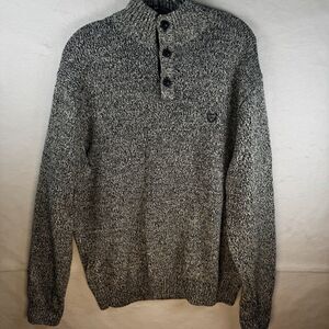 Chaps Sweater Black/Cream Mock Neck 1/4 Buttons Elbow Patch Academia Preppy Sz L